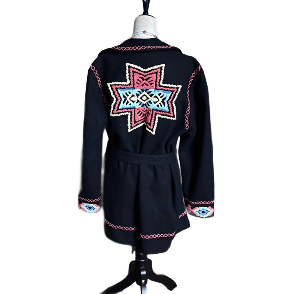 Double D Ranch ~ Medium ~ Black W/Multi-Colors Embroidery ~ Aztec ~ Wool Coat